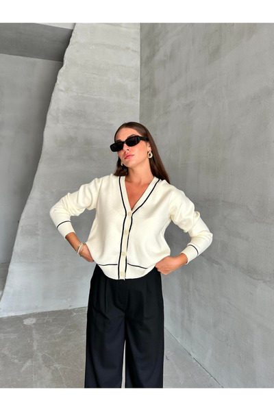 My Blog Cremă - Cardigan negru contrastant - 4433