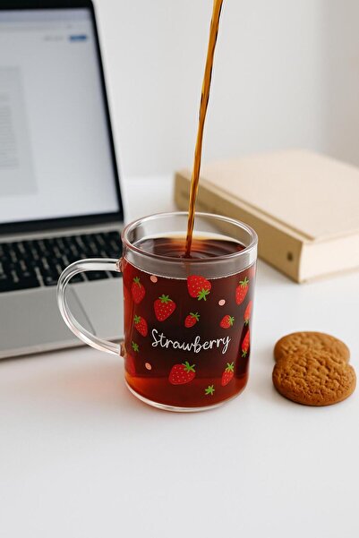 isra kristal Colorful Strawberry Pattern Glass Cup with Handle Set of 3 - Clear Glass Set for Tea, Coffee, and Cold Drinks