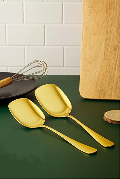 safestore Practical 2Pcs Stainless Gold Steel Luxury Serving Salad Spoon Spatula Steel Food Serving Spoon 21cm