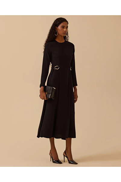 SEÇİL Women's A-Line Maxi Dress with Metal Waist Detail - Black
