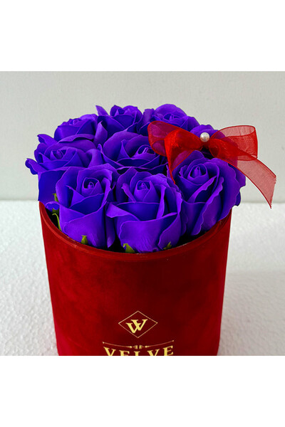 velve Aranjament floral VLV, cu 9 trandafiri de sapun, in cutie rosie de catifea, Mov