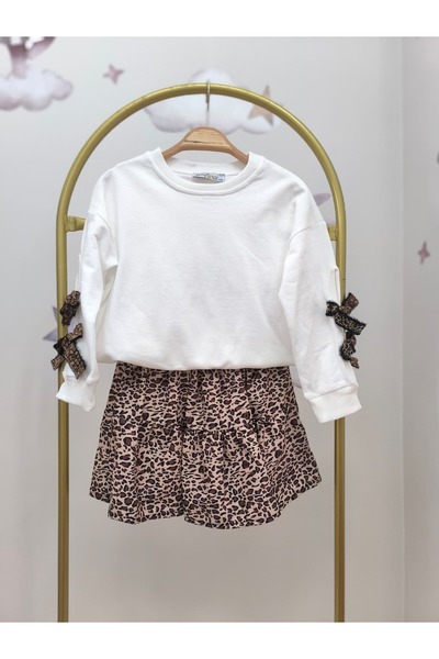 kidsense Leopard Stripe Sleeve Detailed Girls' Skirt Suit