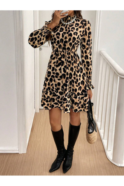 JANES Kadın Uzun Kollu Yarı Balıkçı Yaka Leopar Desenli Modal Mini Elbise