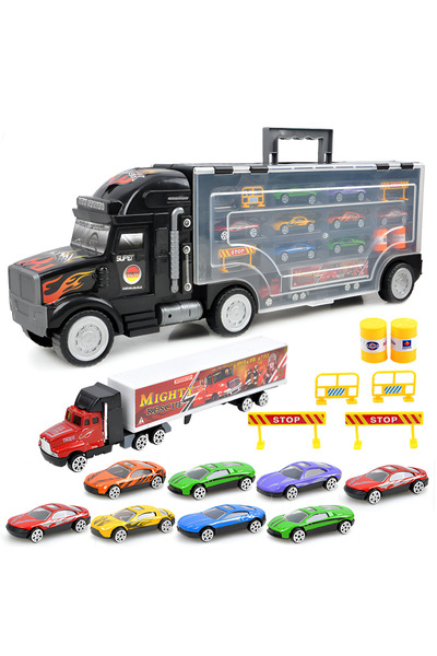 Teno Teno® Toy Transport Trailer Truck Set, for racing cars, 9 cars, black