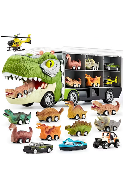 Teno Teno® Toy Transport Trailer Truck Set, T-REX, 12 vehicles included, light green