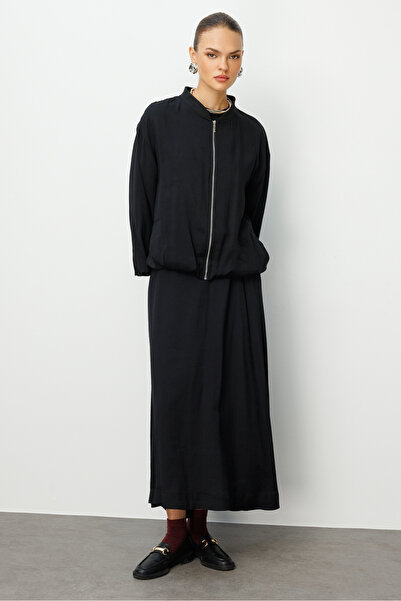 Mizalle Modal Karışımlı Siyah Oversize Bomber Ceket