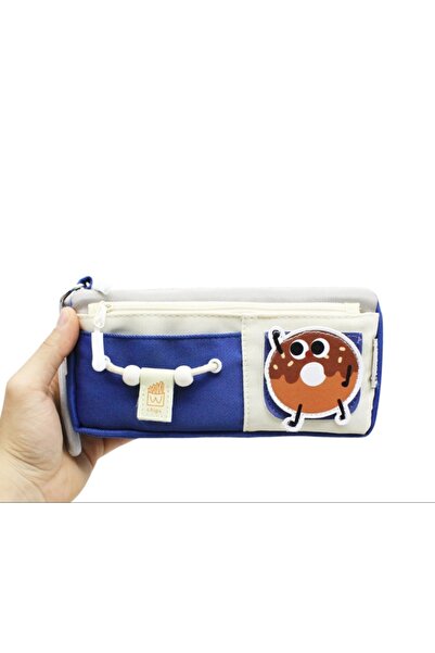 Elegance Yescholar Korean Style Two-Compartment Stickered Fabric Blue-Grey Pencil Case