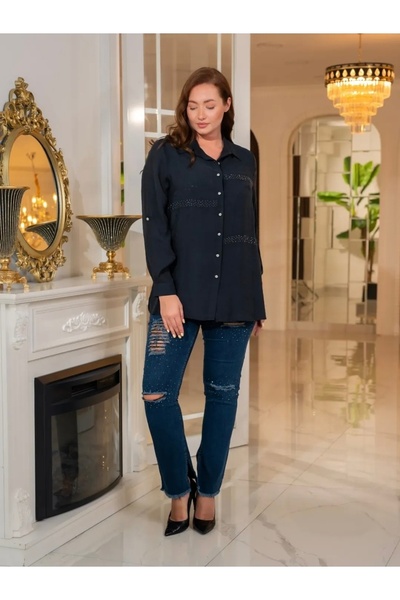 FUERTE XL Plus Size Spread Stone Detailed Folded Sleeve Shirt