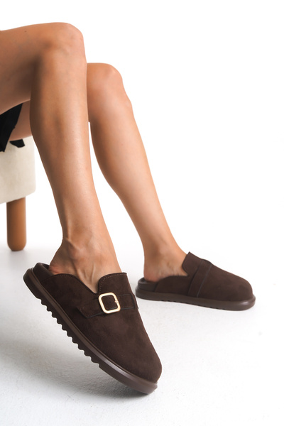 Esilapark Brown Suede Imported Stainless Buckle Women's Indoor Slippers