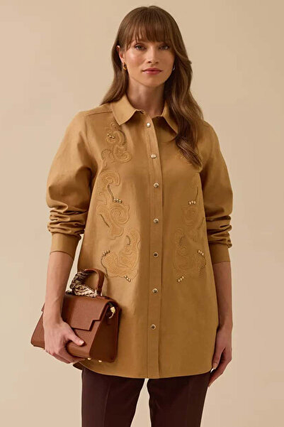 SEÇİL Women's Embroidered Detailed Printed Jacket - Camel