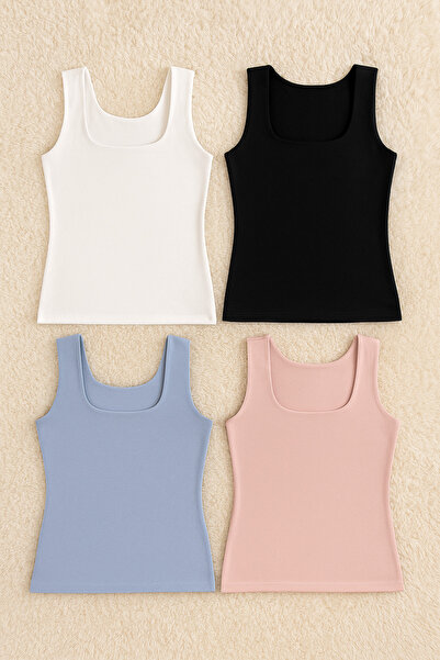 QKK Women's Square Neck Strap Cotton Lycra Combed Cotton 4-Piece Undershirt Q6K0K1T4Ka