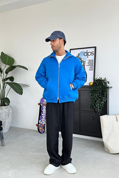 HAFKAGİYİM Φούτερ Saks Blue Cozy Basic με διπλό φερμουάρ Oversize