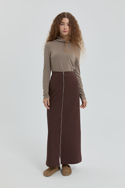 Nihan Fermuar Aksesuarlı Örme Etek Kahve