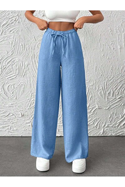 ZEYNEP RANA Kadın Sofya Keten Lastikli Kordon Bağlamalı Bol Paça Cepli Pantolon