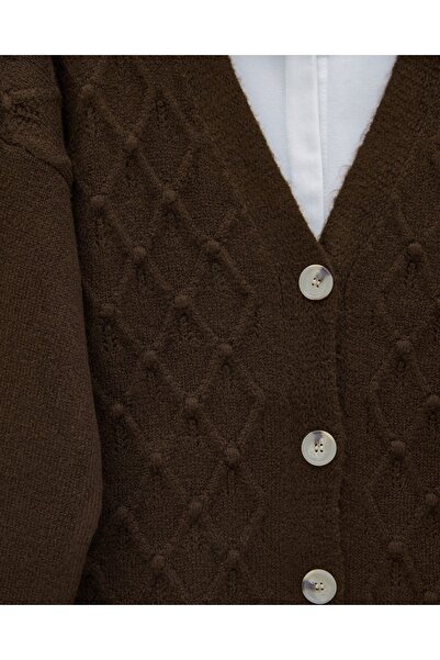 Modamorfo V-Neck Large Button Patterned Knit Cardigan - Brown