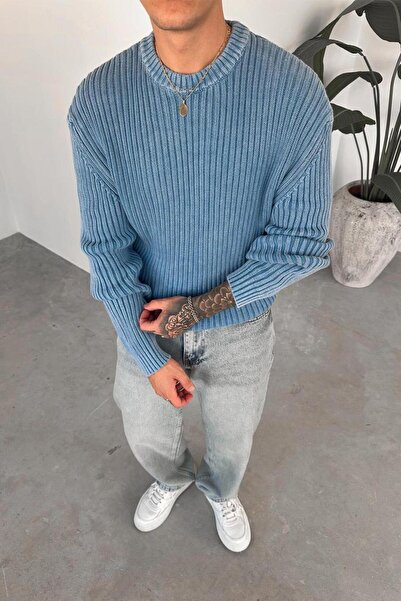 HAFKAGİYİM Πλεκτό πουλόβερ μπλε Acid Wash με κορδόνια oversize