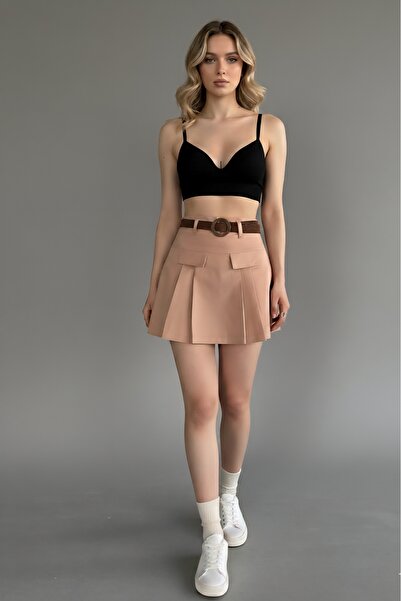 ModaCALL Kemerli Kapak Detaylı Gabardin Şort Etek