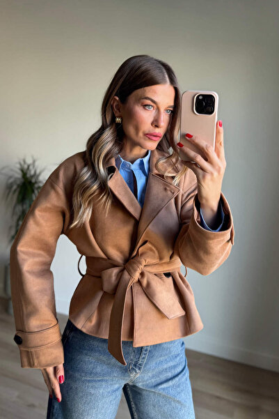 Sue Store Μπουφάν από καστόρι Premium με κουμπιά και ζώνη στο μπροστινό μέρος