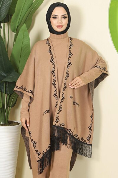 hafsamina Chain Pattern Poncho Triple Knitwear Set Camel Hm2815