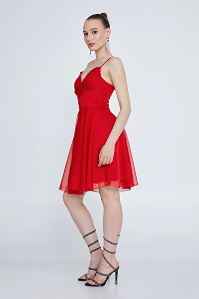 DORİDORCA Women's Strappy Cross-Back Short Evening Dress 6025 Red