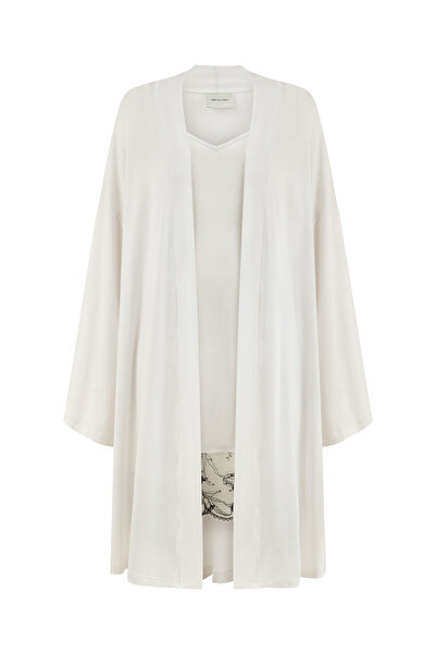 MERS SILK Modal Sabahlık + Gecelik Takım Beyaz