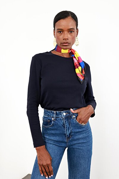 5in1Canpolat Navy Blue Long Sleeve Basic T-Shirt 1103