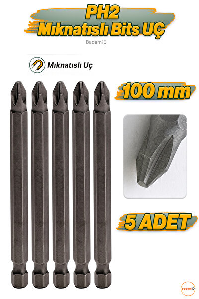 Badem10 5 Adet PH2 100 Mm 10 Cm Manyetik Uzun Bits Bit Ucu Yıldız Tornavida Uç Derin Vidalama Çelik CR-V Uç