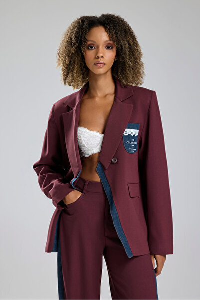 tw3 Жіночий джинсовий блейзер з мереживною обробкою та принтом