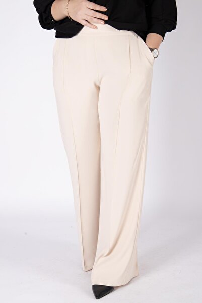 Bedrinxxl Kadın Büyük Beden Bej Yüksek Bel Geniş Paça Krep Pantolon