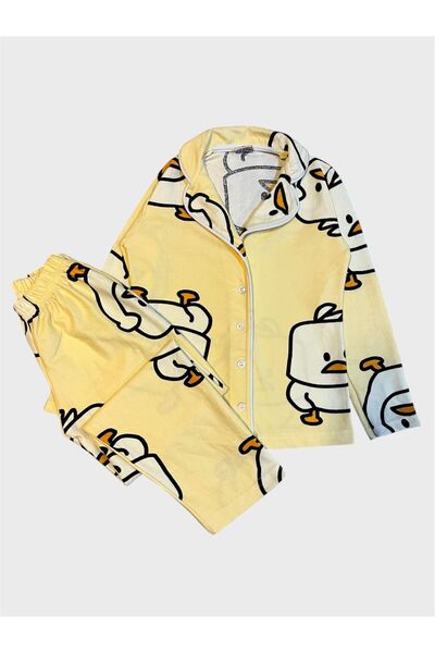 tusem butik homewear Erkek Çocuk Pamuklu Süet Kumaş Sarı Civciv Desenli Uzun Kollu Gömlek Yaka Düğmeli Pijama Takımı