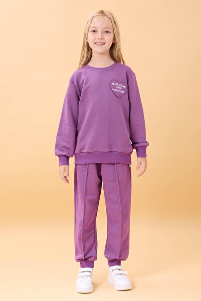 Perendi Girl's Basic Heart Applique Seasonal Top and Bottom Set Purple