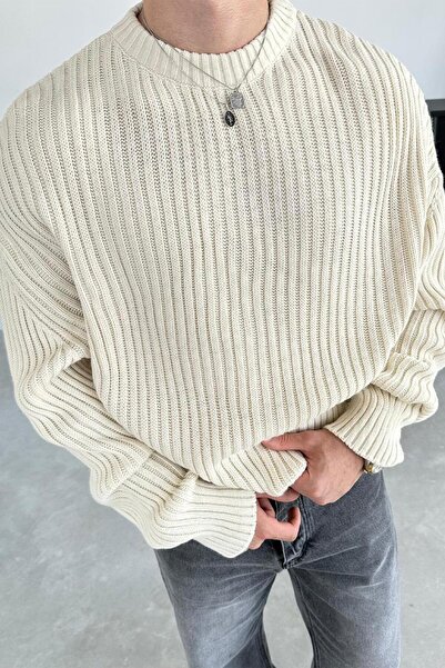 HAFKAGİYİM Πλεκτό πουλόβερ με λαιμόκοψη και ριμπέλ σε χρώμα κρέμα