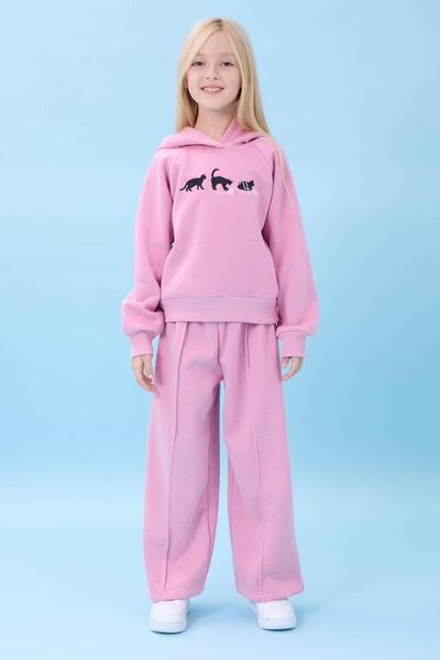 Perendi Χειμερινό κοστούμι για κορίτσια με κουκούλα, φλις εσωτερικά, κέντημα γάτας, χρώμα ανοιχτό ροζ