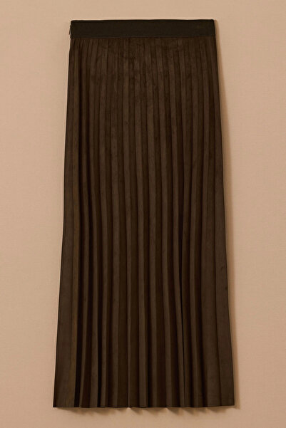SEÇİL Women's Elastic Waist Pleated Suede Look Maxi Skirt - Khaki