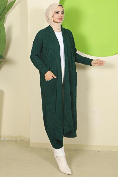 hafsamina Πλεκτό ζακέτα με γιακά σάλι και τσέπες Emerald HM2534