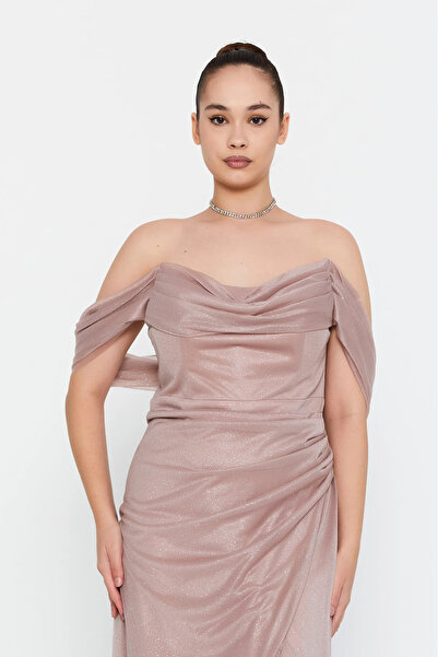 DORİDORCA Women's Plus Size Low Sleeve Long Evening Dress 6149 Y.Mink