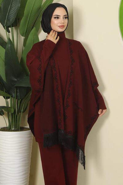 hafsamina Chain Patterned Three-Piece Knitwear Set Burgundy Hm2815