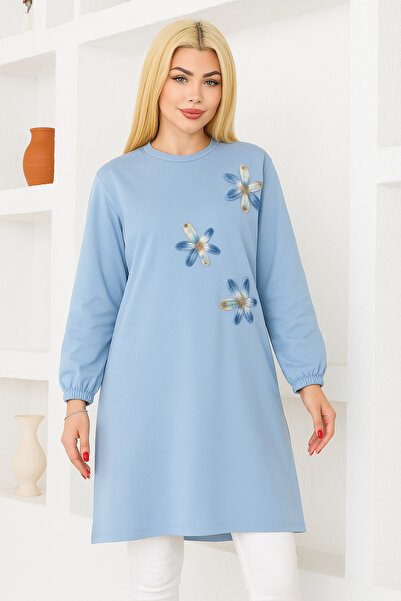nacar çarşı Kadın Mavi Oversize Çiçek Desenli Tunik Tişört – Uzun Kollu, Yuva...