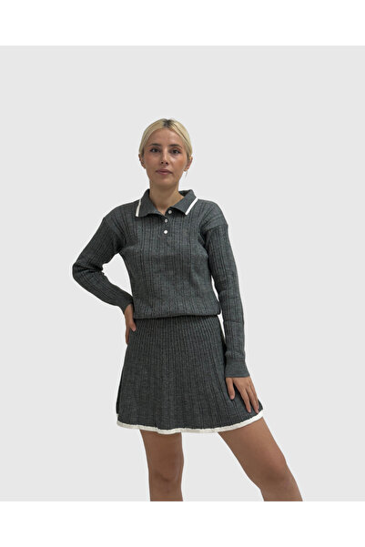 haha Grey Polo Neck Blouse for Women - Skirt Set