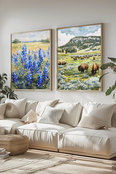 STARYUNA Wooden Framed Blue Floral Watercolor Effect Animal Landscape Double Painting Set Yuna421