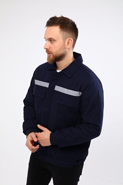 Çamdalı İş Elbiseleri İş Montu 7/7 Gabardin Kapitoneli Lacivert Kışlık İşçi Montu 4 Cepli Reflektörlü %100 Pamuk