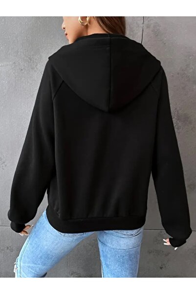EXPECTED Kadın Siyah Oversize Kapüşonlu Fermuarlı Hırka Sweatshirt Hoodie