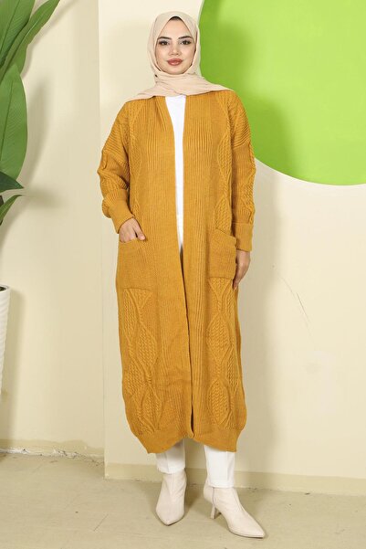 hafsamina Πλεκτό ζακέτα με γιακά σάλι και τσέπες μουσταρδί HM2534