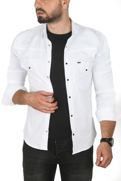 DeepSEA Men's White Plus Size Cotton Lycra Sports Shirt – Slim Fit, Snap Closure 2500423