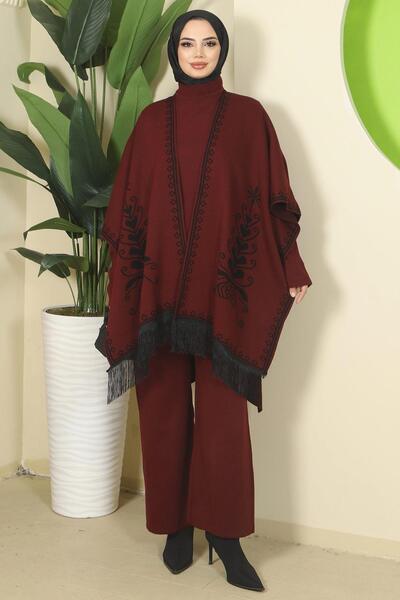 hafsamina Panche Triple Knitwear Set Claret Red Hm2814
