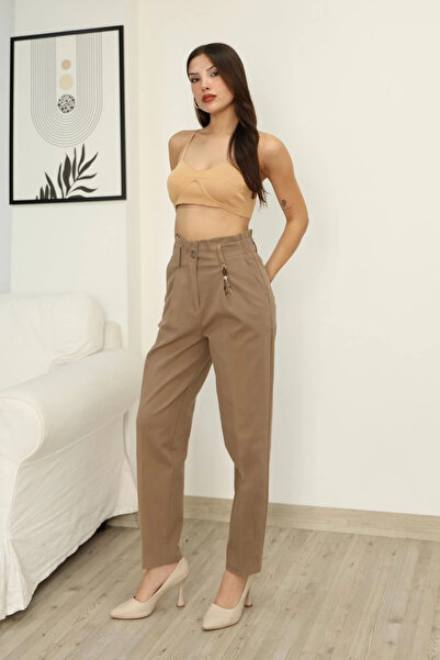 lodmela Accessory Detailed Pleated Gabardine Fabric Trousers 5807-Khaki