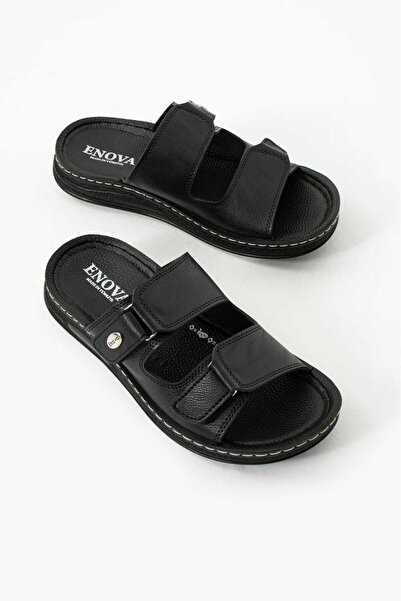 ADIMİST Erkek Siyah Ortopedik Taban Cırtlı Dışarı Içeri Suni Deri Terliği