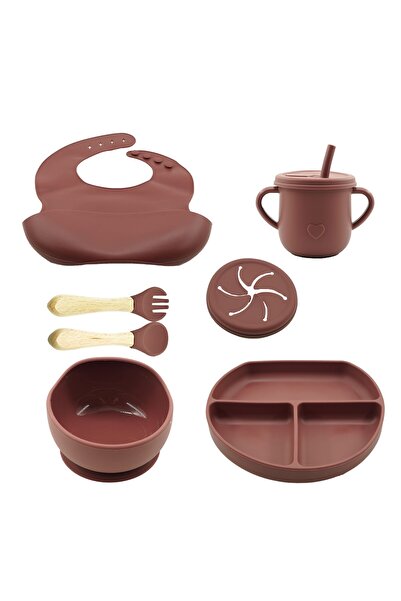 Flippy 8-piece Baby Weaning Set - Silicone, Bib, Suction Plate & Bowl, Wood/Silicone Cutlery, Snack