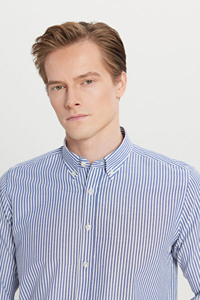 AC&Co / Altınyıldız Classics Ανδρικό πουκάμισο με ρίγες με κλασικό γιακά με κουμπιά, λεπτή εφαρμογή, λεπτή εφαρμογή, λευκό-μπλε βαμβακερό πουκάμισο