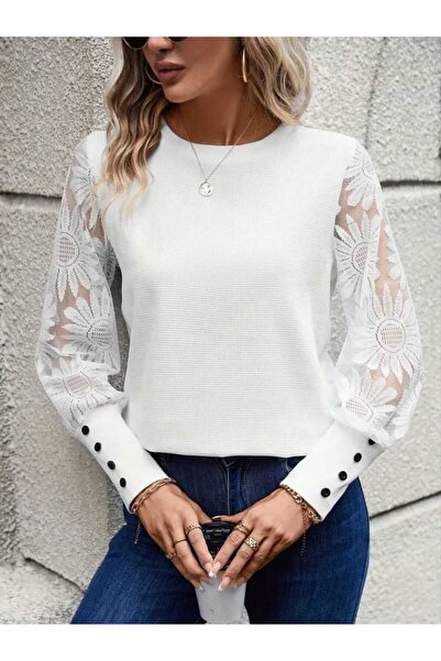 moda wanilia Bluză cu guler rotund mâneci pentru femei, cu modele florale